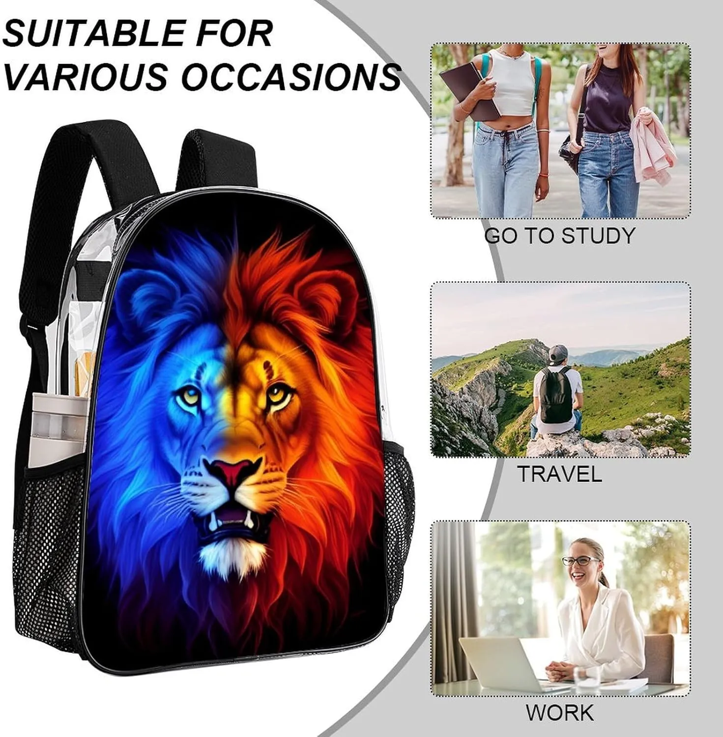 Cool Lion In The Universe Surreal Style Art Backpack Lightweight Anti-Theft Multipurpose Shoulder Bag Large Capacity Travel Hiking Backpack Transparent Bag
