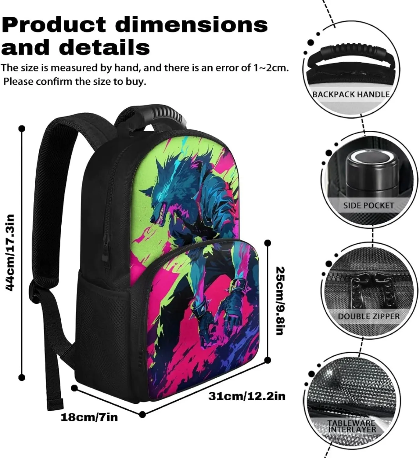 Cool Wolf Animation Print Kids Backpack with Lunch Bag, 17.3 Inch 2-in-1 School Backpack, Durable Polyester, Two-Way Zipper, Side Mesh Bottle Pockets, Ideal for Travel & Picnic