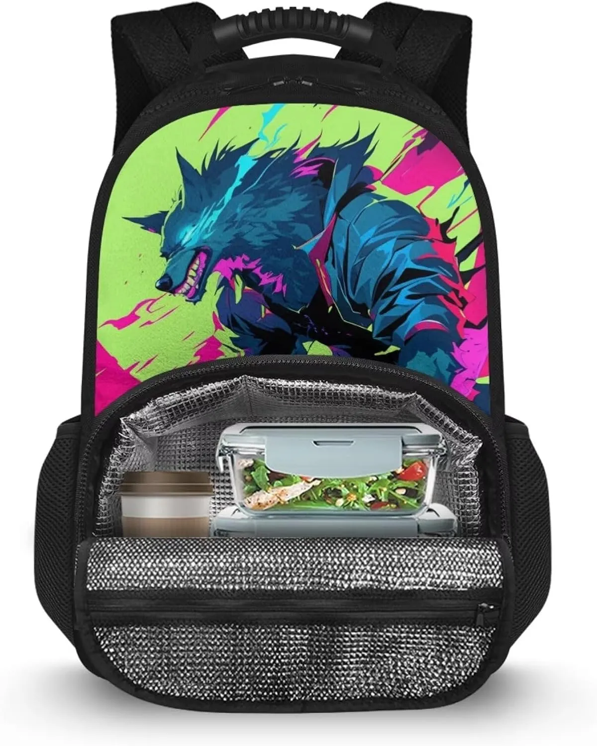 Cool Wolf Animation Print Kids Backpack with Lunch Bag, 17.3 Inch 2-in-1 School Backpack, Durable Polyester, Two-Way Zipper, Side Mesh Bottle Pockets, Ideal for Travel & Picnic