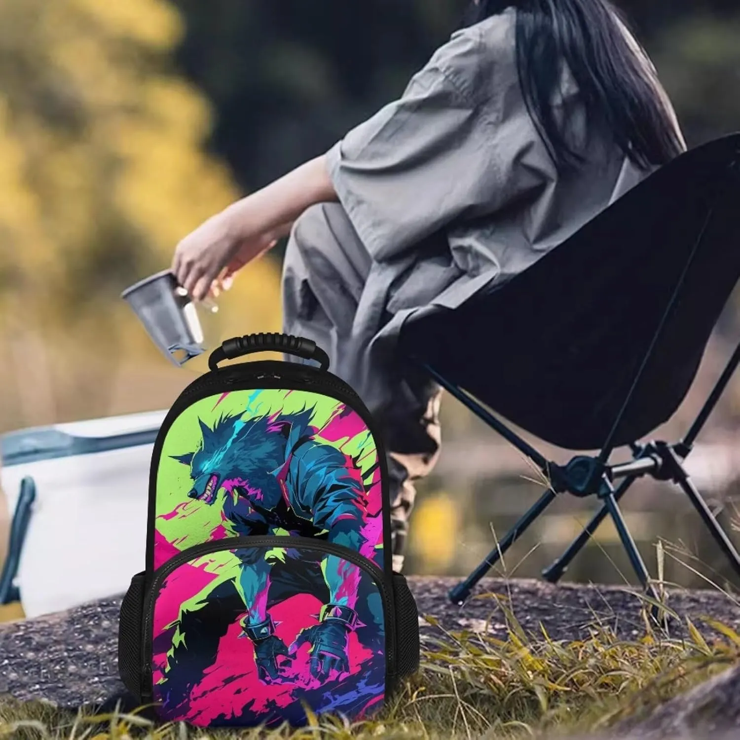 Cool Wolf Animation Print Kids Backpack with Lunch Bag, 17.3 Inch 2-in-1 School Backpack, Durable Polyester, Two-Way Zipper, Side Mesh Bottle Pockets, Ideal for Travel & Picnic