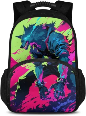 Cool Wolf Animation Print Kids Backpack with Lunch Bag, 17.3 Inch 2-in-1 School Backpack, Durable Polyester, Two-Way Zipper, Side Mesh Bottle Pockets, Ideal for Travel & Picnic
