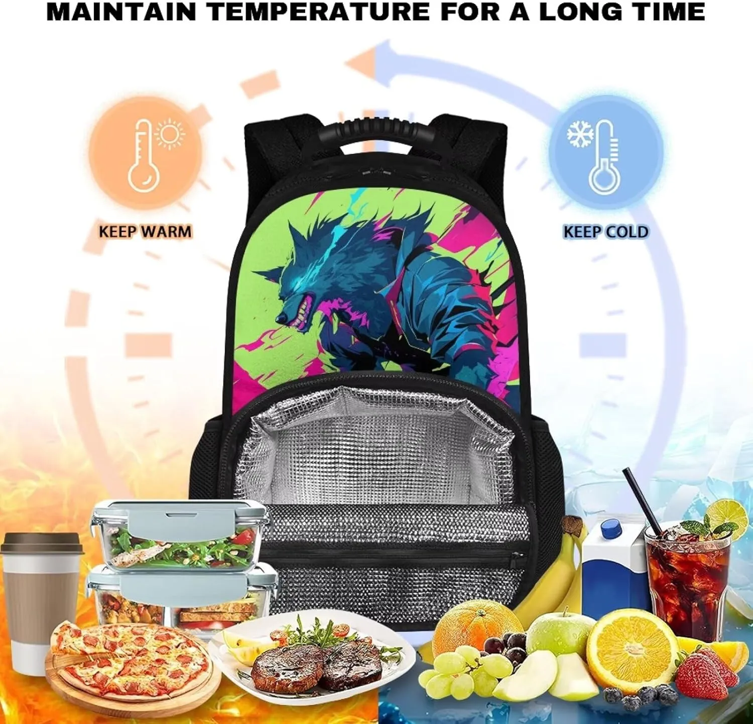 Cool Wolf Animation Print Kids Backpack with Lunch Bag, 17.3 Inch 2-in-1 School Backpack, Durable Polyester, Two-Way Zipper, Side Mesh Bottle Pockets, Ideal for Travel & Picnic