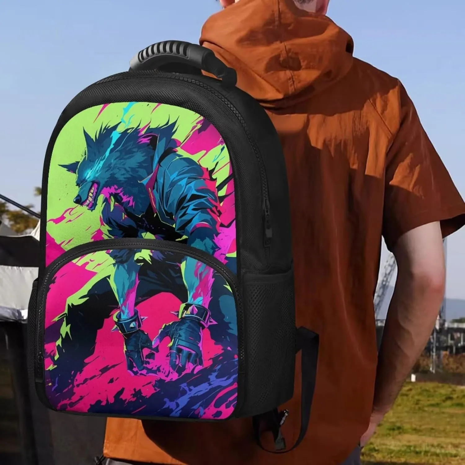 Cool Wolf Animation Print Kids Backpack with Lunch Bag, 17.3 Inch 2-in-1 School Backpack, Durable Polyester, Two-Way Zipper, Side Mesh Bottle Pockets, Ideal for Travel & Picnic
