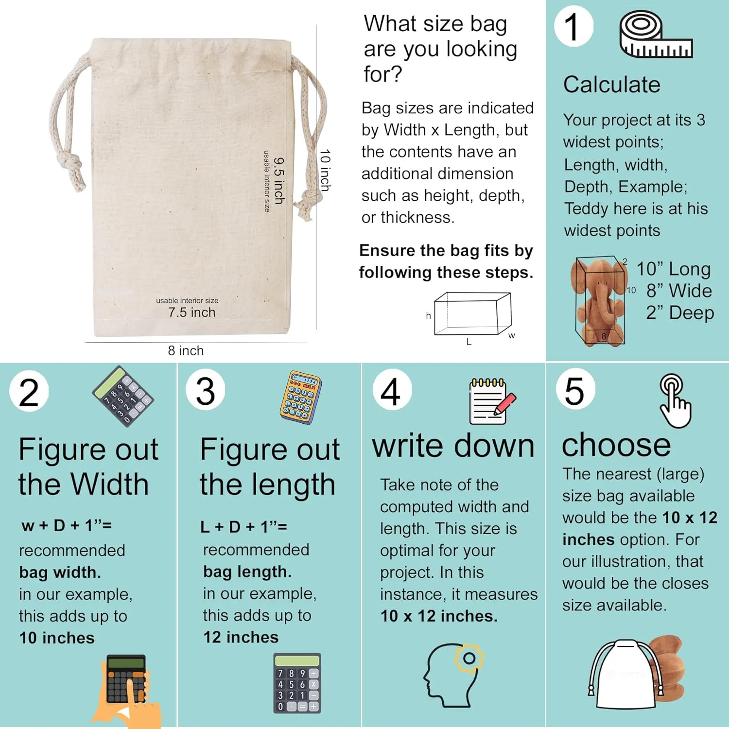 Cotton Muslin Bags, 100% Organic Cotton with Double Drawstring. Premium Quality Reusable Eco-Friendly Natural Muslin Bags. (10, 8x12 Inches)