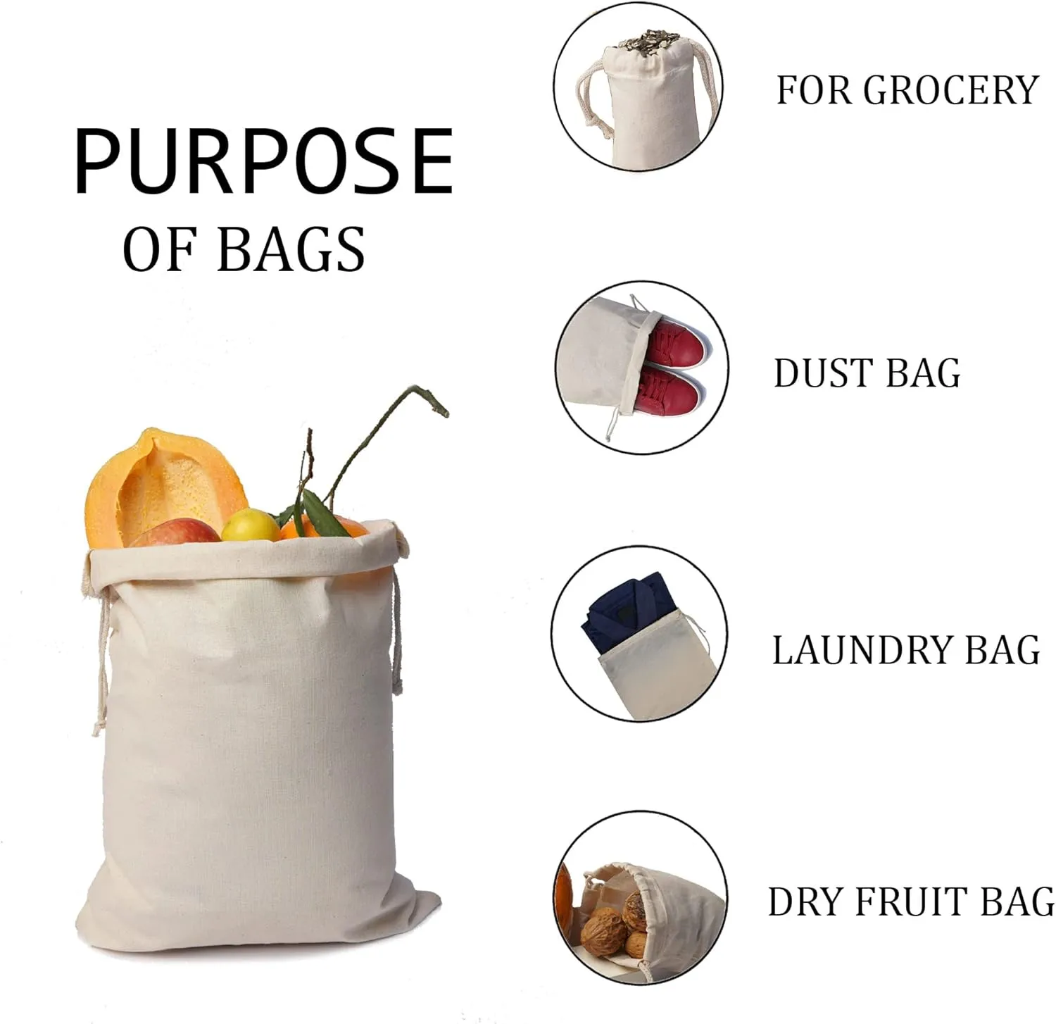Cotton Muslin Bags, 100% Organic Cotton with Double Drawstring. Premium Quality Reusable Eco-Friendly Natural Muslin Bags. (10, 8x12 Inches)