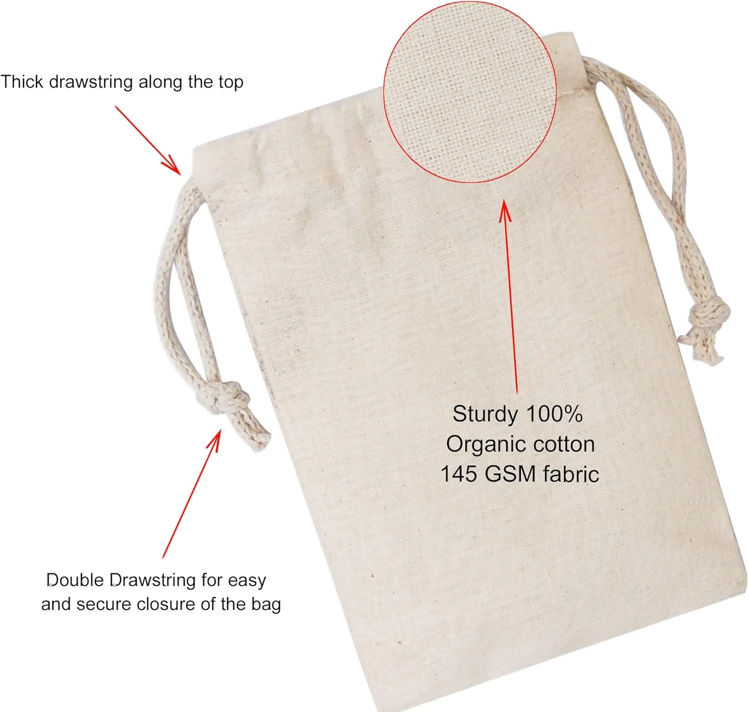 Cotton Muslin Bags, 100% Organic Cotton with Double Drawstring. Premium Quality Reusable Eco-Friendly Natural Muslin Bags. (10, 8x12 Inches)