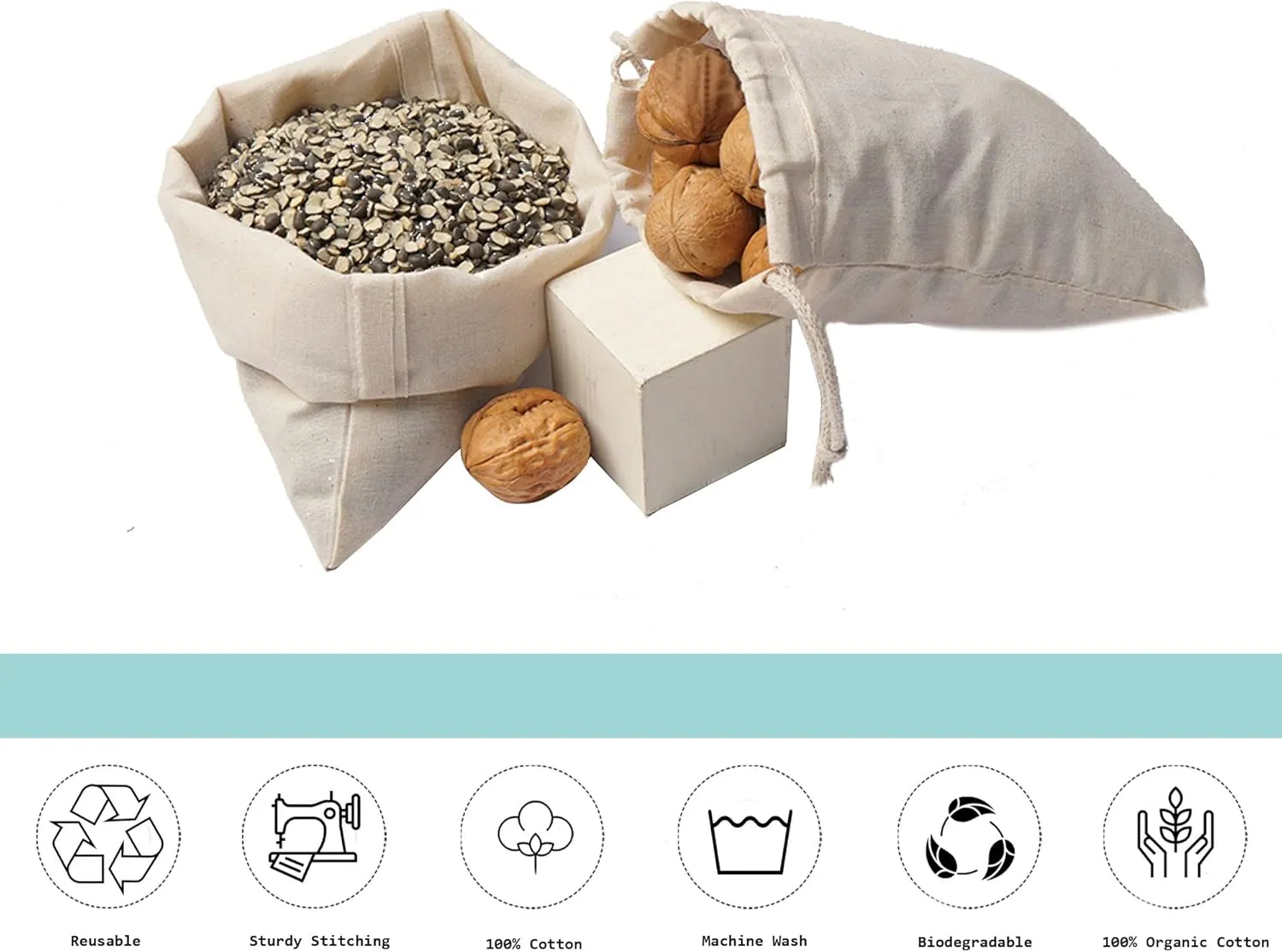 Cotton Muslin Bags, 100% Organic Cotton with Double Drawstring. Premium Quality Reusable Eco-Friendly Natural Muslin Bags. (10, 8x12 Inches)