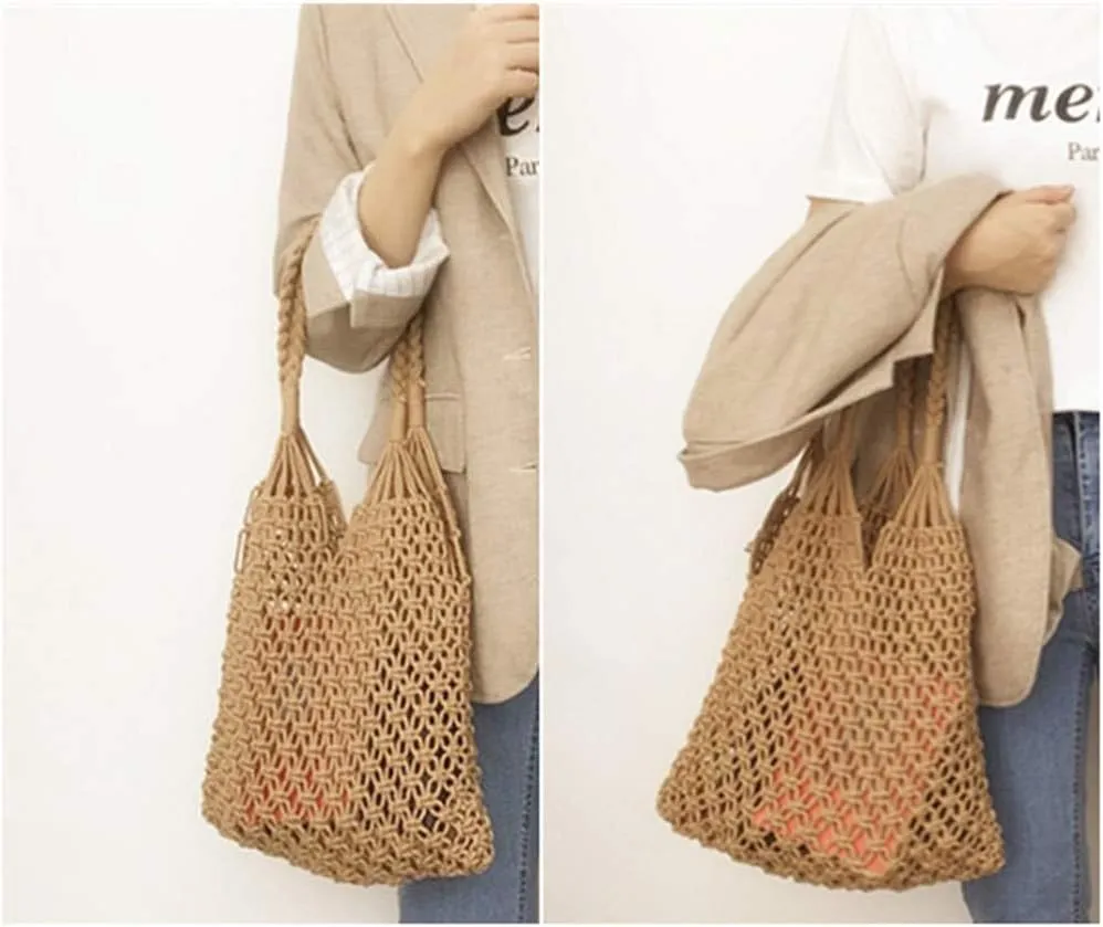 Cotton Rope Travel Beach Fishing Net Handbag Shopping Woven Shoulder Bag for Women