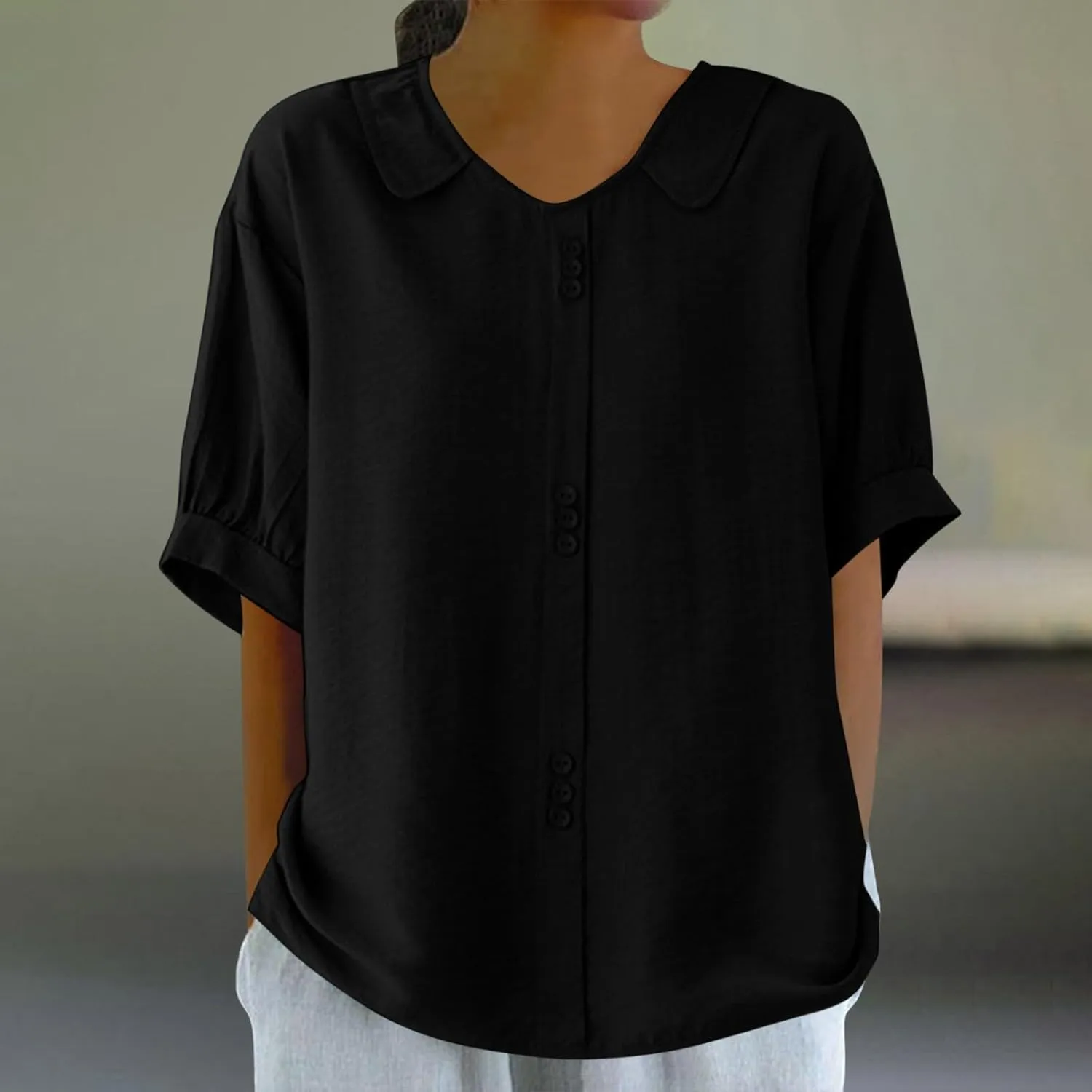 Cotton Tee Shirts for Women 2024 Fashion Short Sleeve V Neck Cotton Linen Top Loose Fit Solid Blouse Ladies Clothes