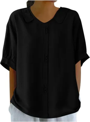 Cotton Tee Shirts for Women 2024 Fashion Short Sleeve V Neck Cotton Linen Top Loose Fit Solid Blouse Ladies Clothes