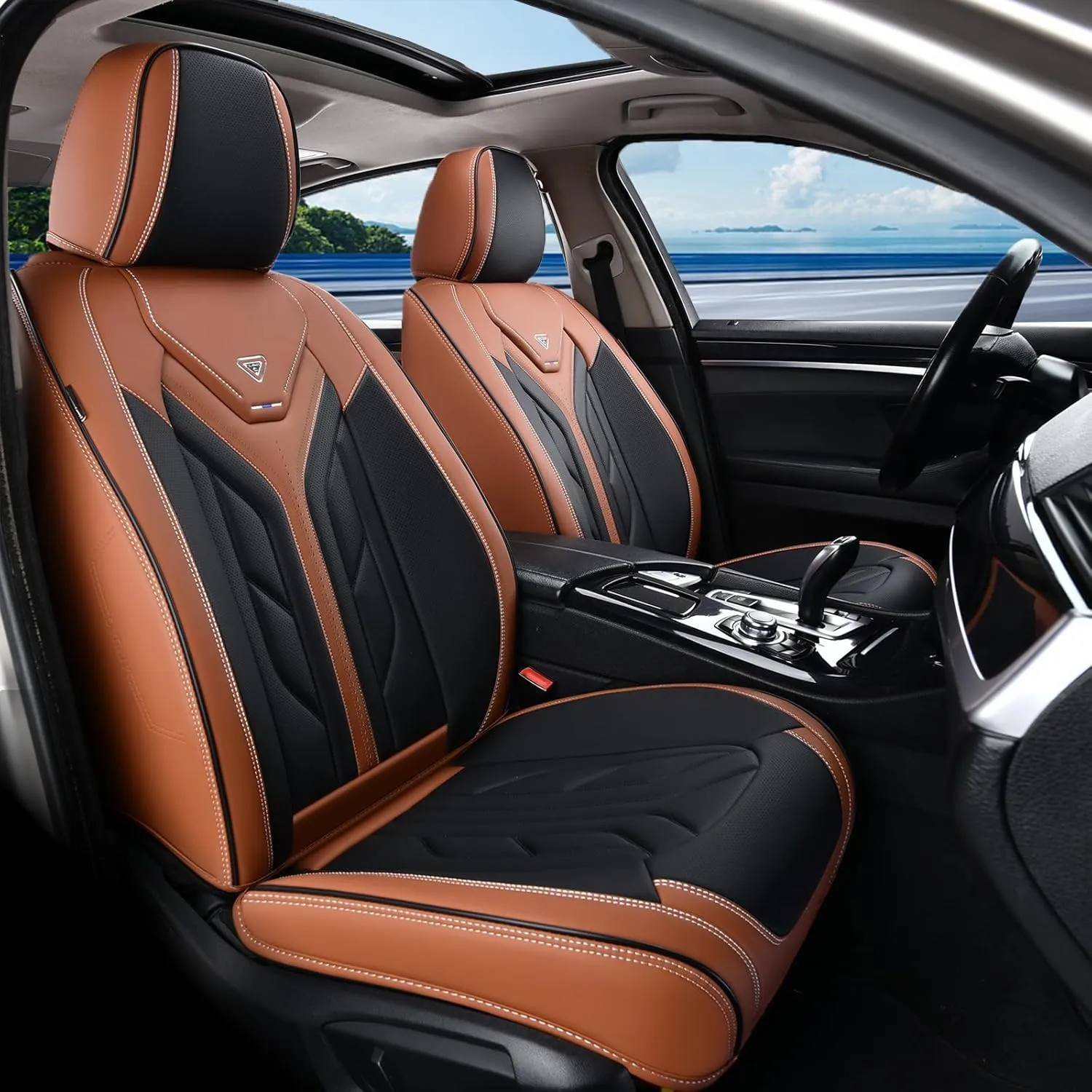 Coverado Front Seat Covers, Car Seat Covers Front Seats, Leather Seat Covers for Cars, Automotive Seat Covers Car Seat Protector Car Accessories Fit for Most Sedans SUV Pick-up Truck(Black&Brown)