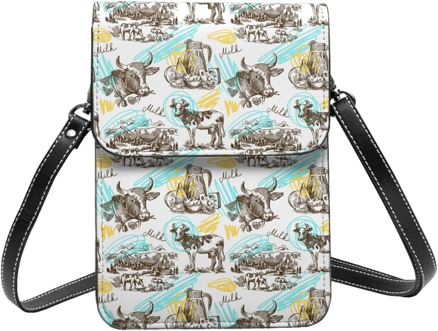 cow pasture milk hand drawn white Crossbody Cell Phone Purse for Women Girls Leather Mini Cross Body Bags Small Shoulder Bags