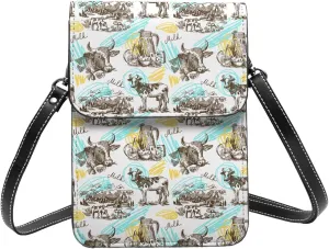 cow pasture milk hand drawn white Crossbody Cell Phone Purse for Women Girls Leather Mini Cross Body Bags Small Shoulder Bags