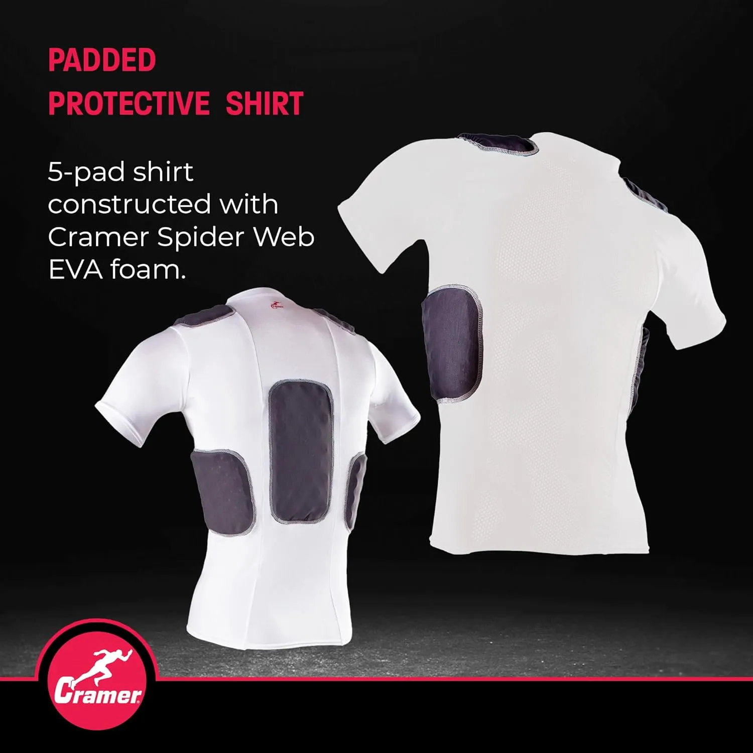 Cramer Lightning 5 Pad Youth Football Shirt with Integrated Rib, Spine and Clavicle Pads, Youth Football Padded Compression Shirt, Rib Protector Shirt, Padded Basketball Shirt, Black, Youth Large