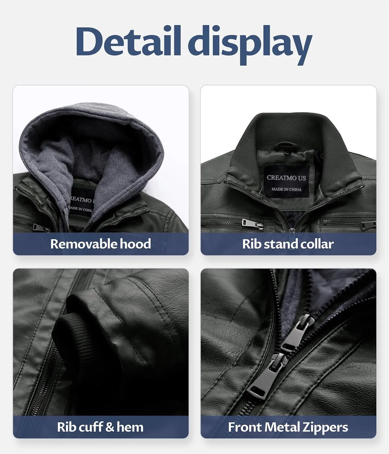 CREATMO US Men's Faux Leather Jacket Motorcycle Jacket Waterproof Windproof PU Moto Vintage Bomber Hoodie with Removable Hood