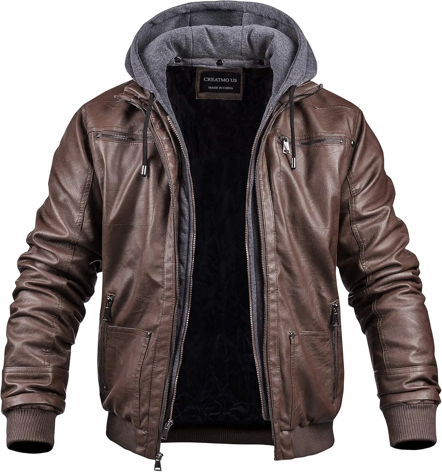 CREATMO US Men's Faux Leather Jacket Motorcycle Jacket Waterproof Windproof PU Moto Vintage Bomber Hoodie with Removable Hood
