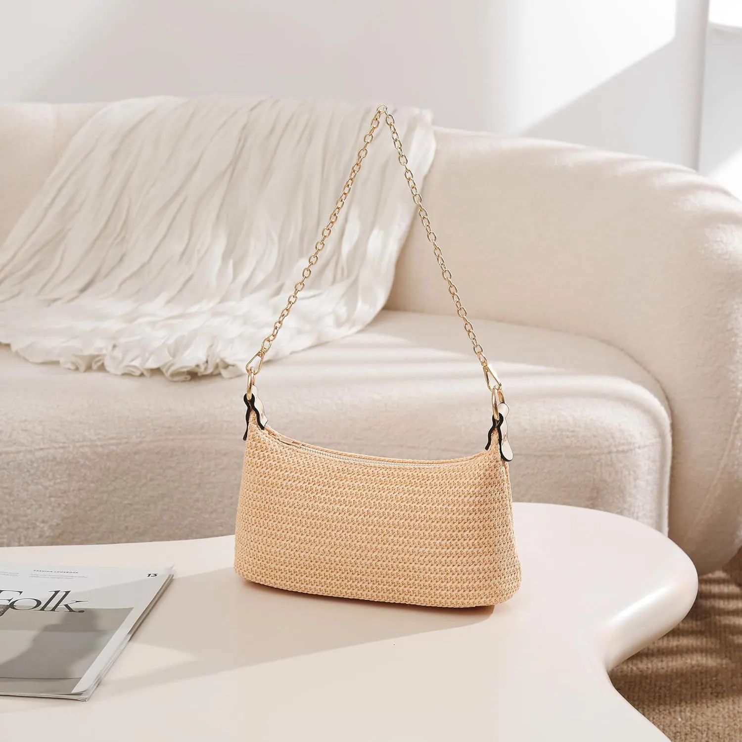 CROJUYI Straw Shoulder Bag for Women Soft Small Woven Shoulder Purse Handbag,Beach Tote Straw Bag for Summer
