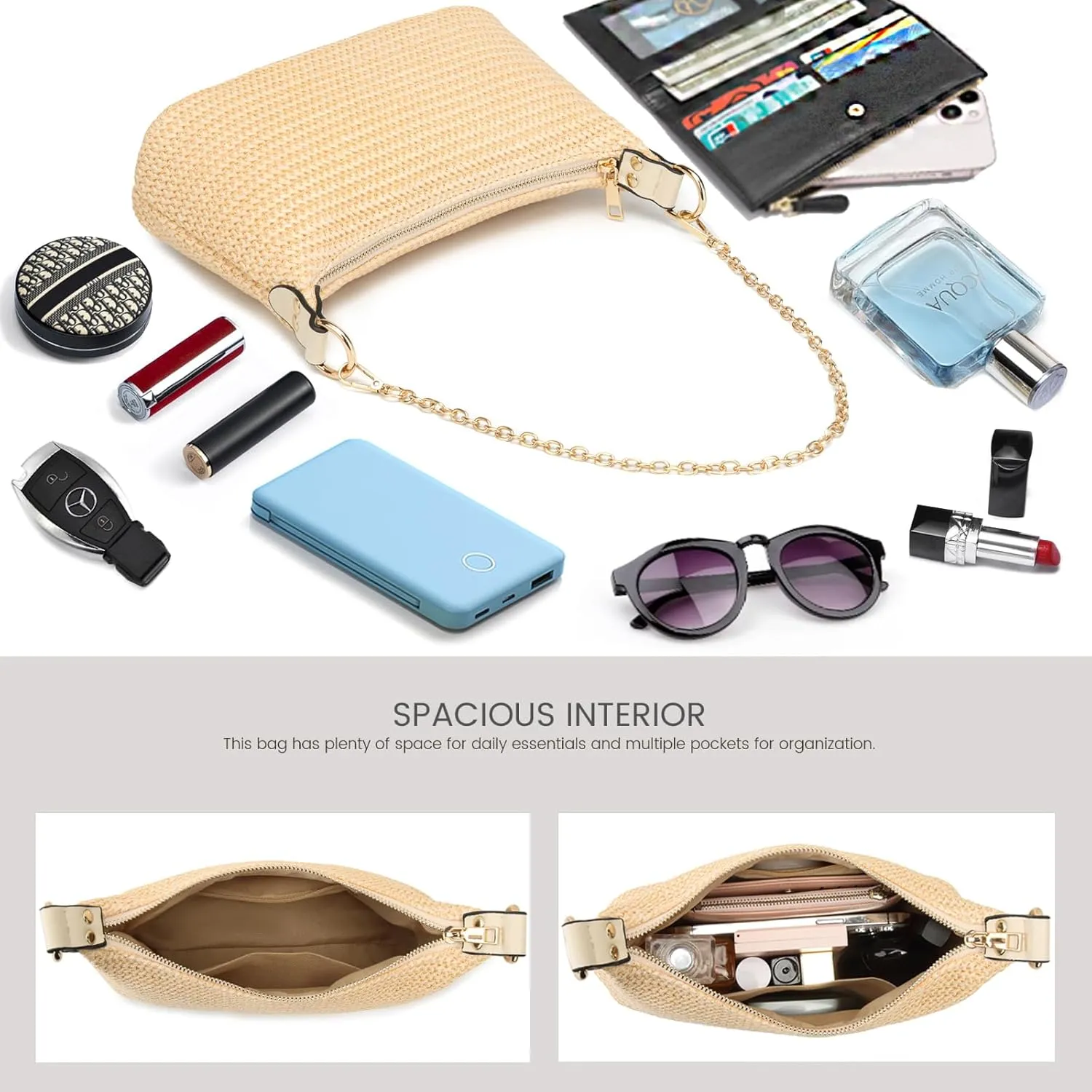 CROJUYI Straw Shoulder Bag for Women Soft Small Woven Shoulder Purse Handbag,Beach Tote Straw Bag for Summer