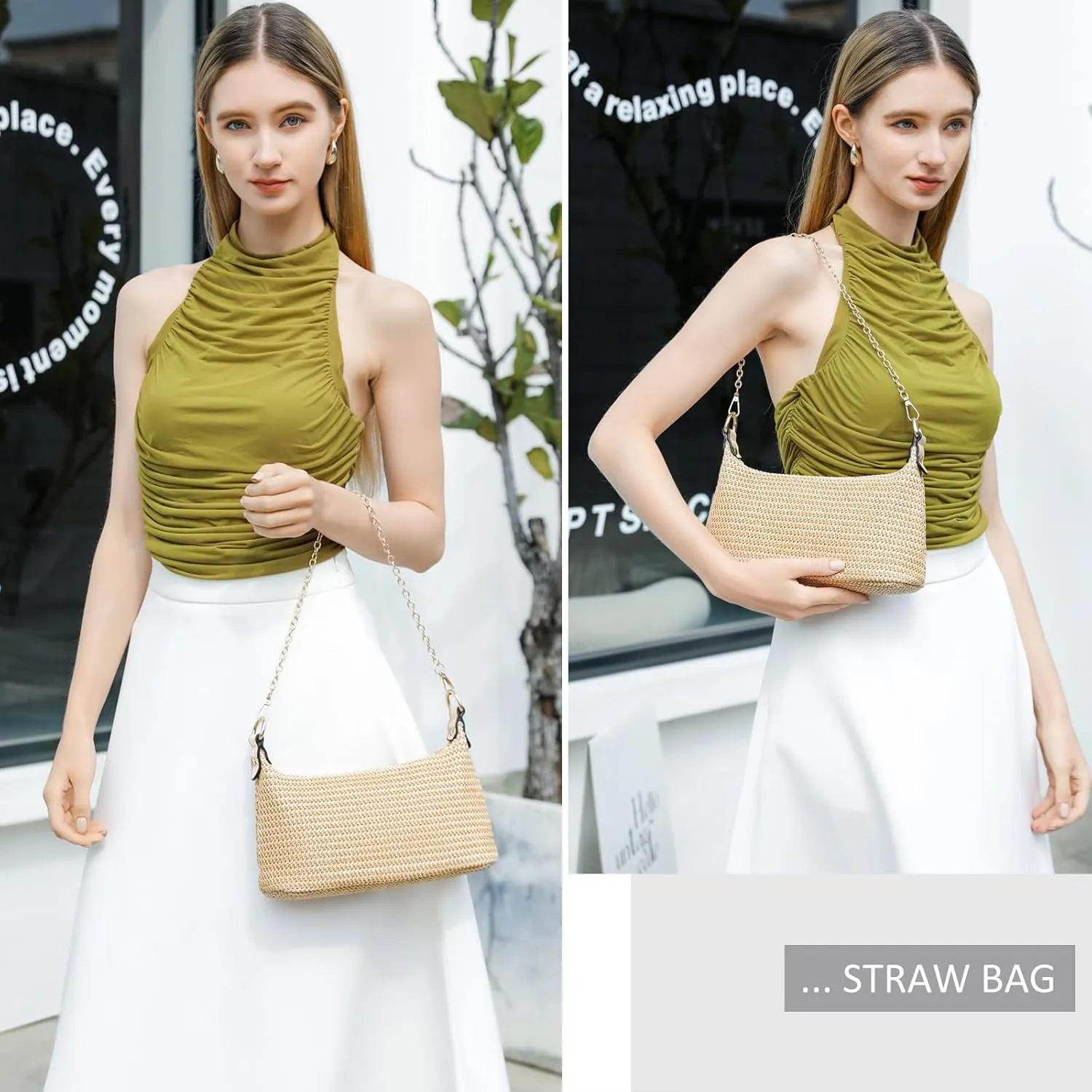 CROJUYI Straw Shoulder Bag for Women Soft Small Woven Shoulder Purse Handbag,Beach Tote Straw Bag for Summer