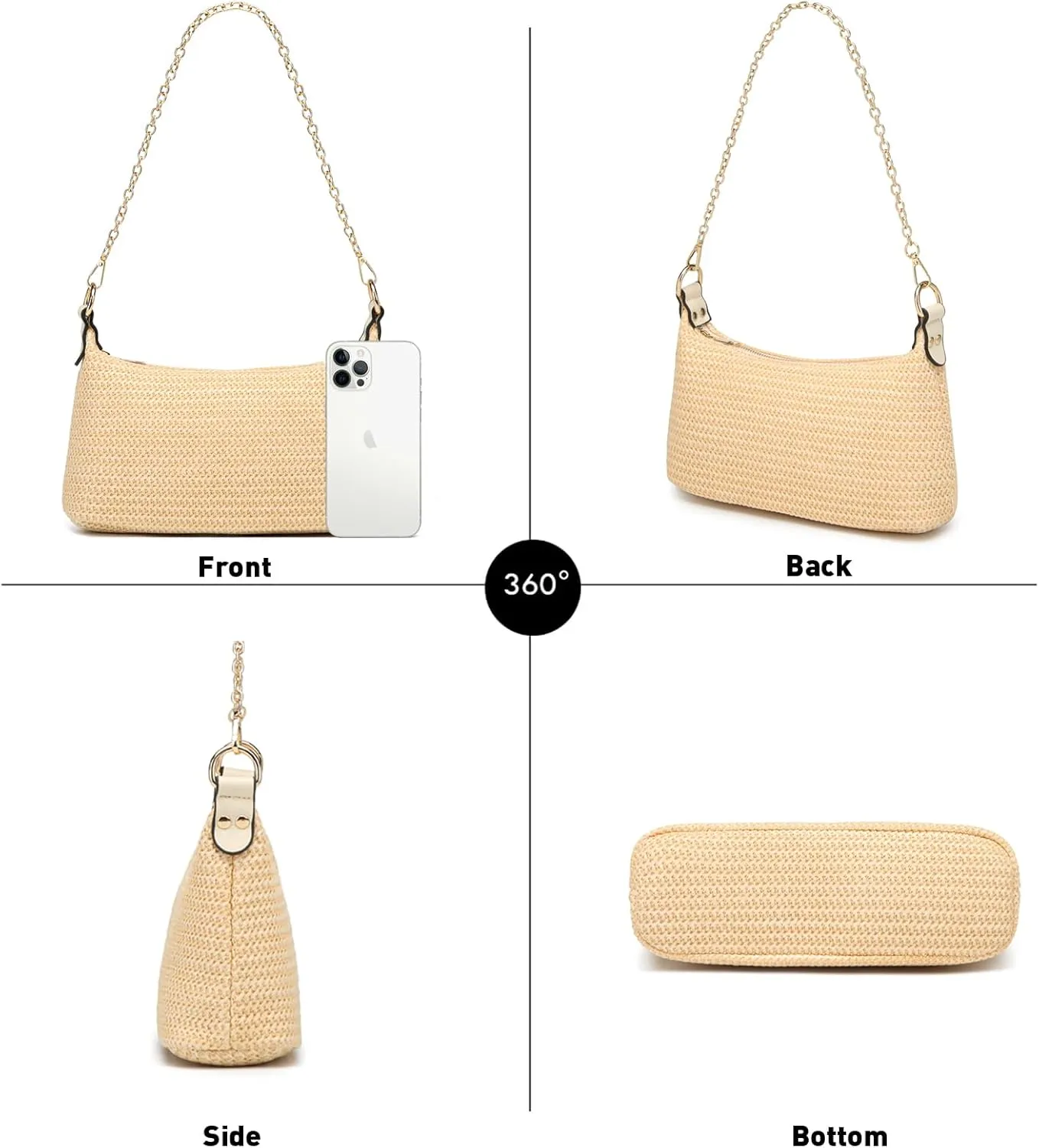 CROJUYI Straw Shoulder Bag for Women Soft Small Woven Shoulder Purse Handbag,Beach Tote Straw Bag for Summer