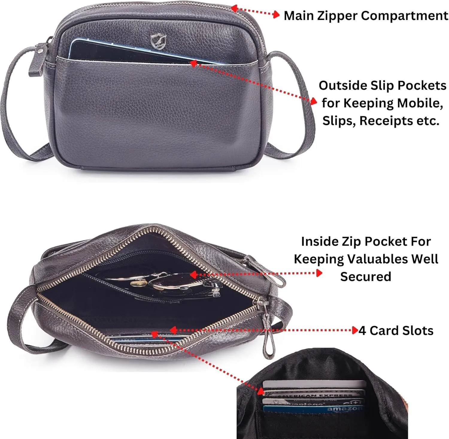 Crossbody Sling Bag for Women Trendy Real Leather Purse Mini Soft Pebbled Crossover with Card Case