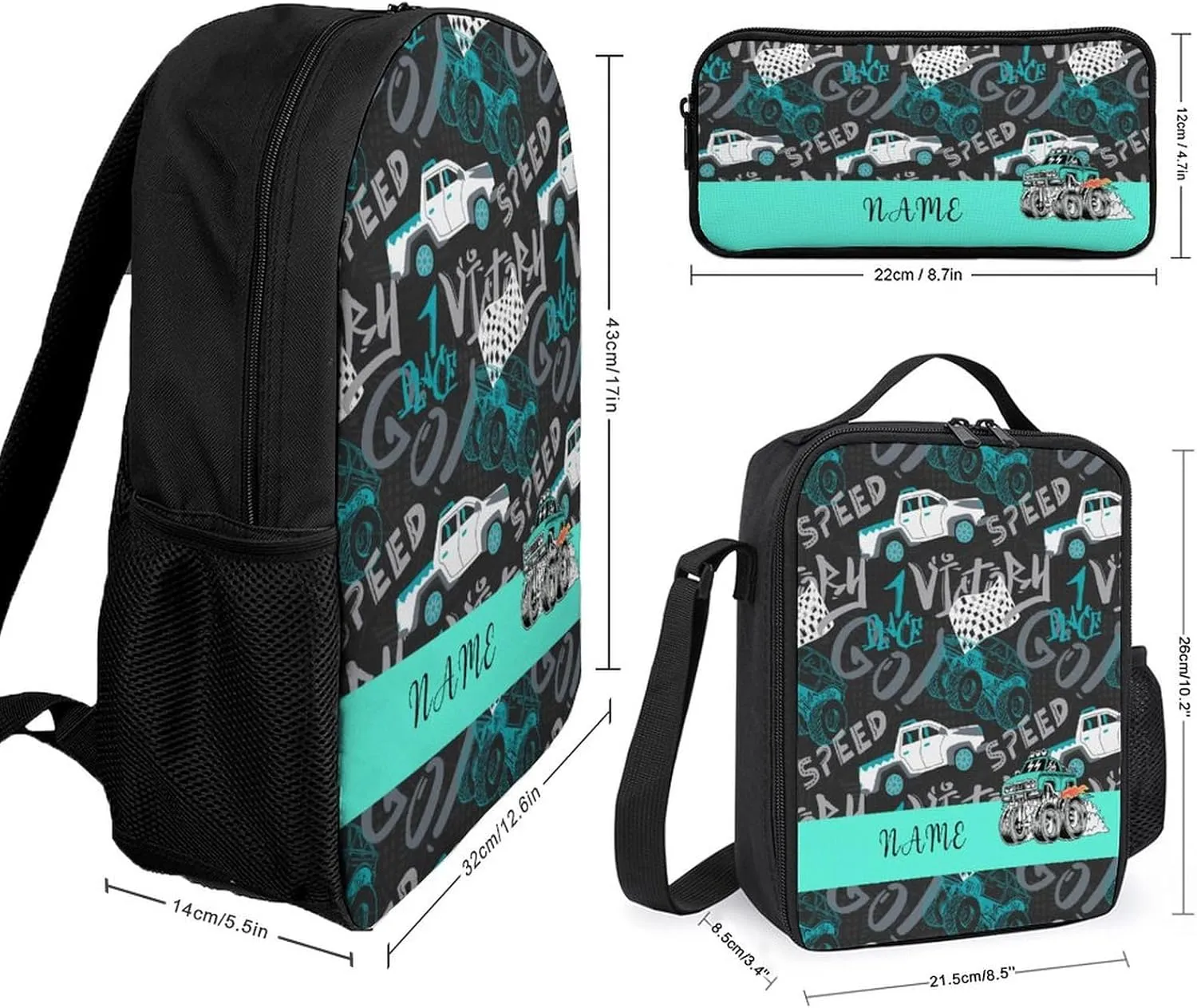 Custom Cartoon Truck Car Backpack Personalized 3 Piece Set Backpack with Your Name Text School Bag Customized Bookbag with Lunch Box and Pencil Case Set for Boys Girls Student