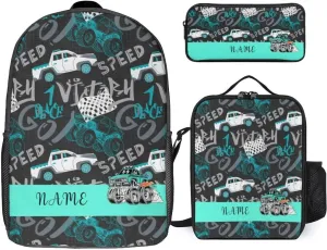 Custom Cartoon Truck Car Backpack Personalized 3 Piece Set Backpack with Your Name Text School Bag Customized Bookbag with Lunch Box and Pencil Case Set for Boys Girls Student