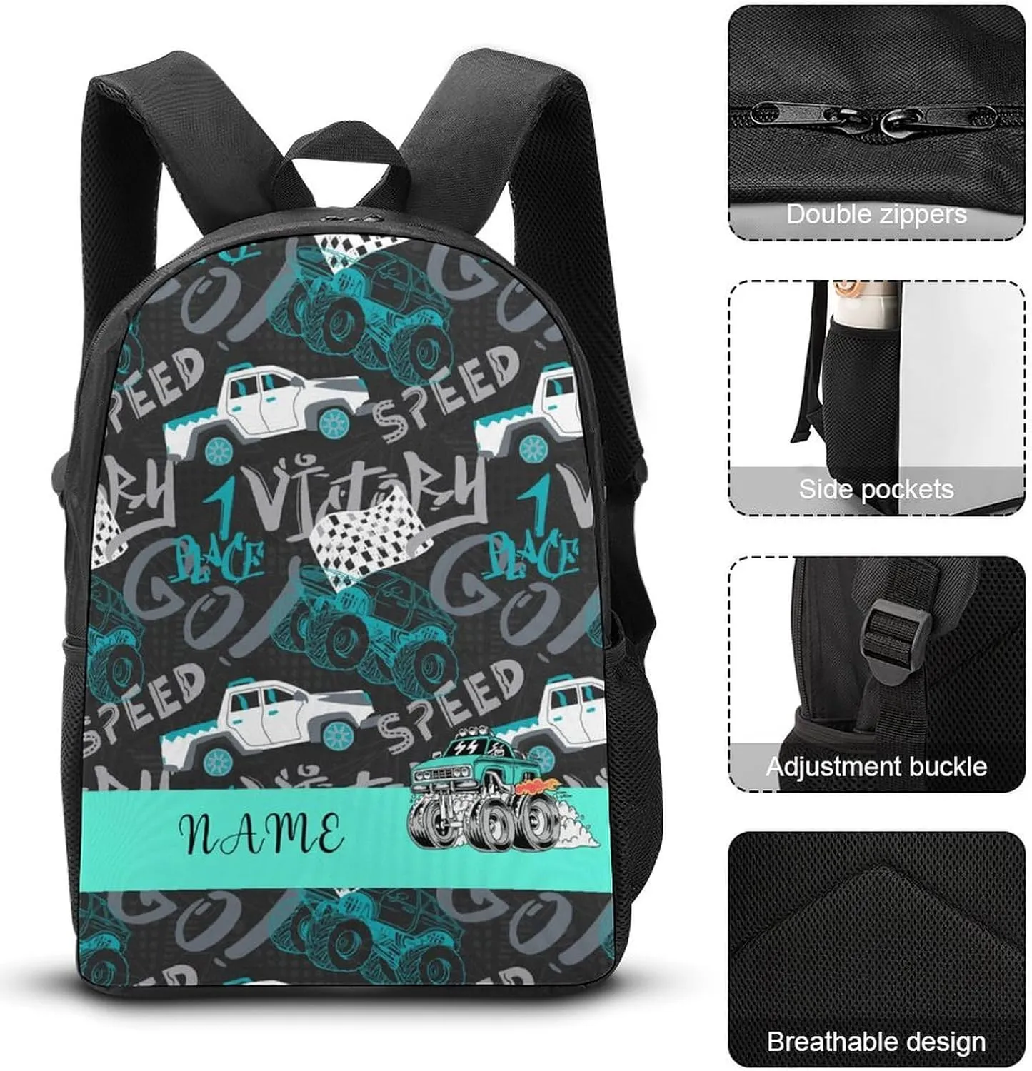 Custom Cartoon Truck Car Backpack Personalized 3 Piece Set Backpack with Your Name Text School Bag Customized Bookbag with Lunch Box and Pencil Case Set for Boys Girls Student