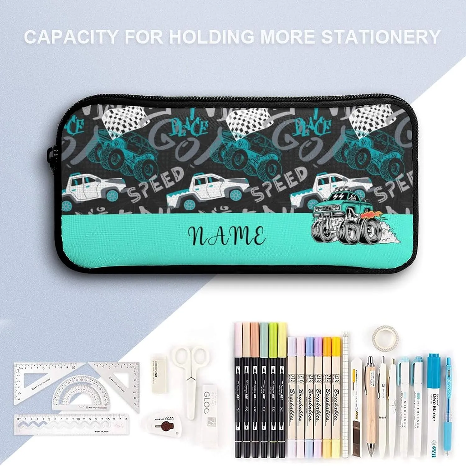 Custom Cartoon Truck Car Backpack Personalized 3 Piece Set Backpack with Your Name Text School Bag Customized Bookbag with Lunch Box and Pencil Case Set for Boys Girls Student