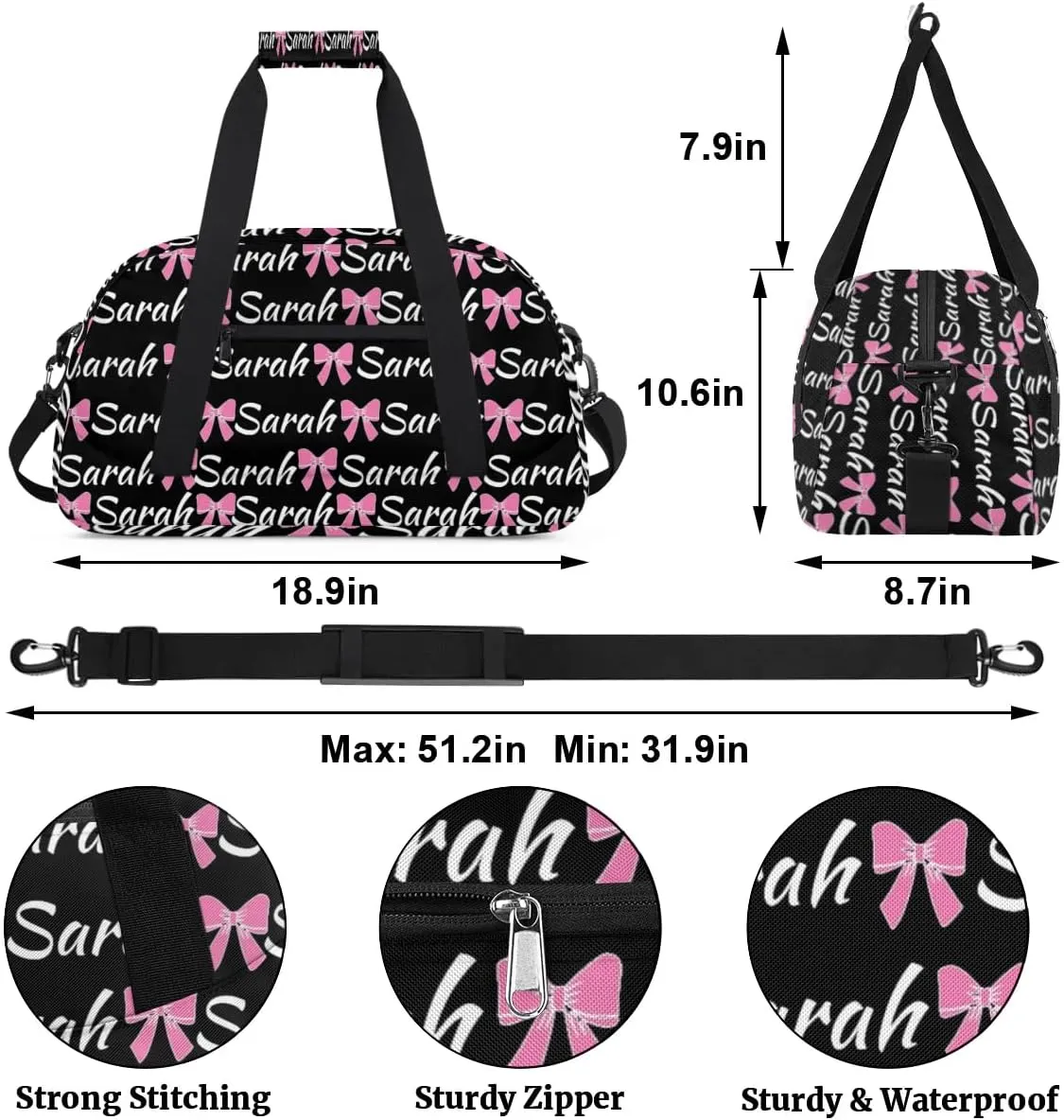 Custom Cheer Bag Girl Sport Duffel Bag, Personalized Cheerleaders Gym Bag, Customized Travel Duffle Bag with Name, Overnight Weekender Bags, Black, Cheerleading Gifts