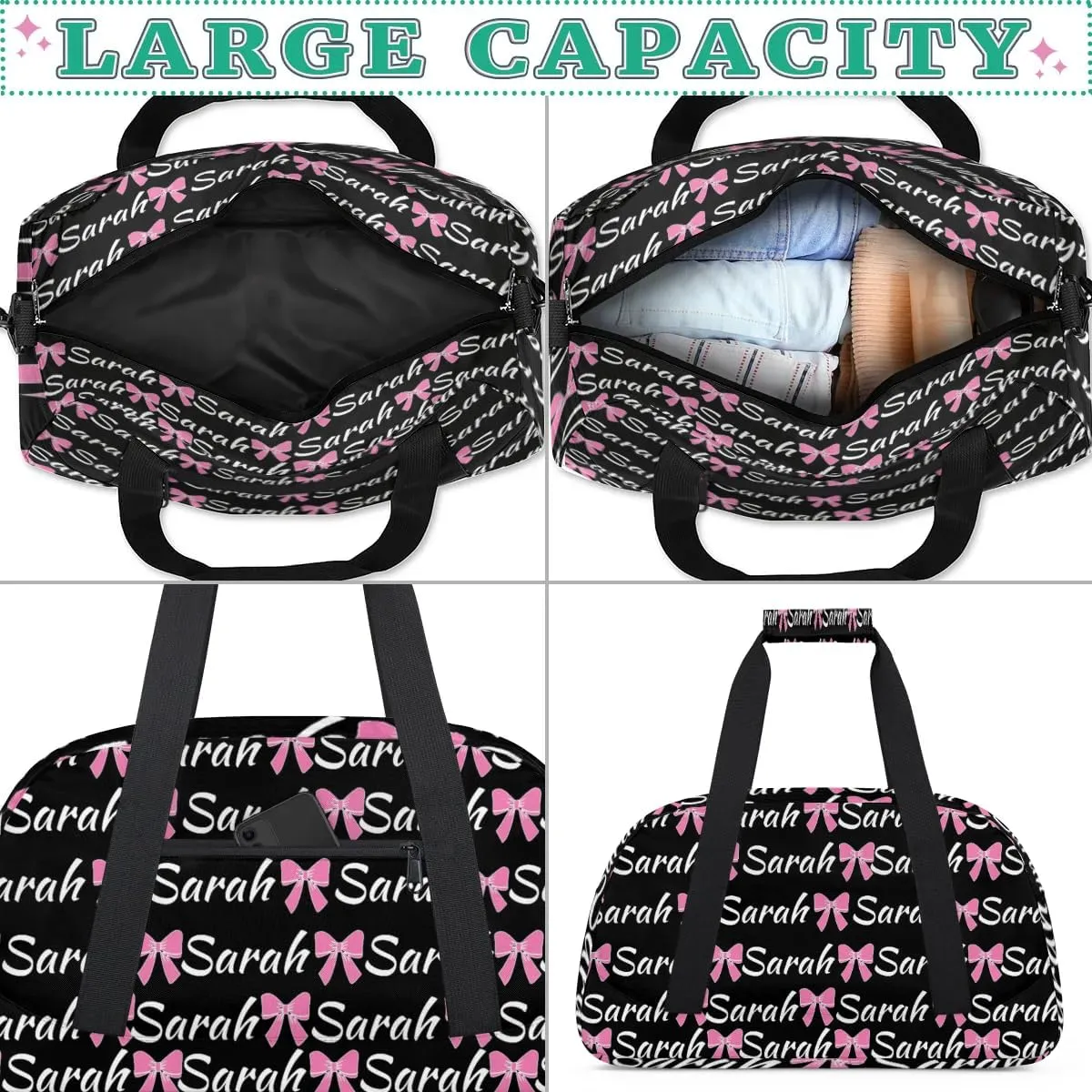 Custom Cheer Bag Girl Sport Duffel Bag, Personalized Cheerleaders Gym Bag, Customized Travel Duffle Bag with Name, Overnight Weekender Bags, Black, Cheerleading Gifts