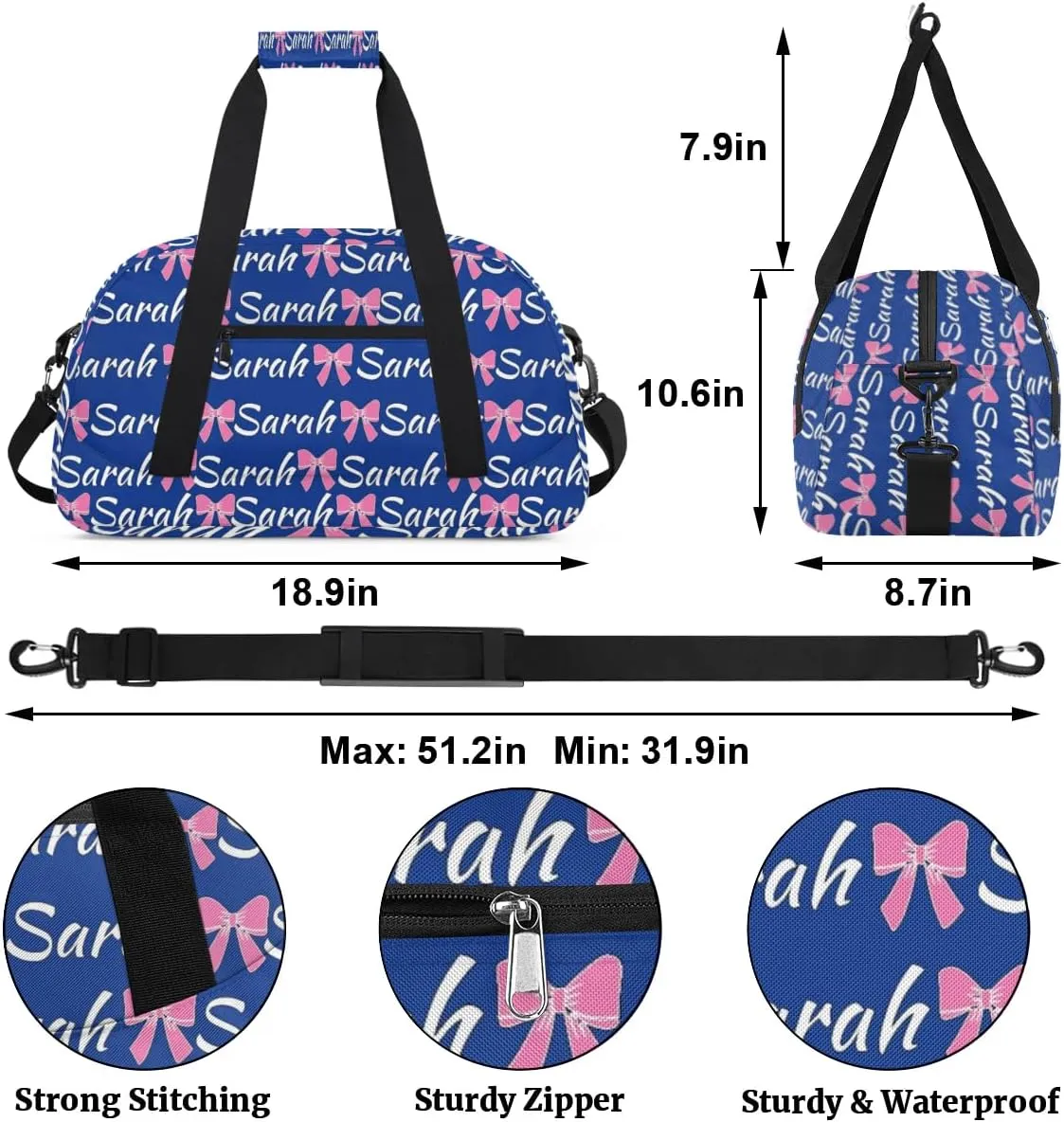 Custom Cheer Bag Girl Sport Duffel Bag, Personalized Cheerleaders Gym Bag, Customized Travel Duffle Bag with Name, Overnight Weekender Bags, Cobalt Blue, Cheerleading Gifts