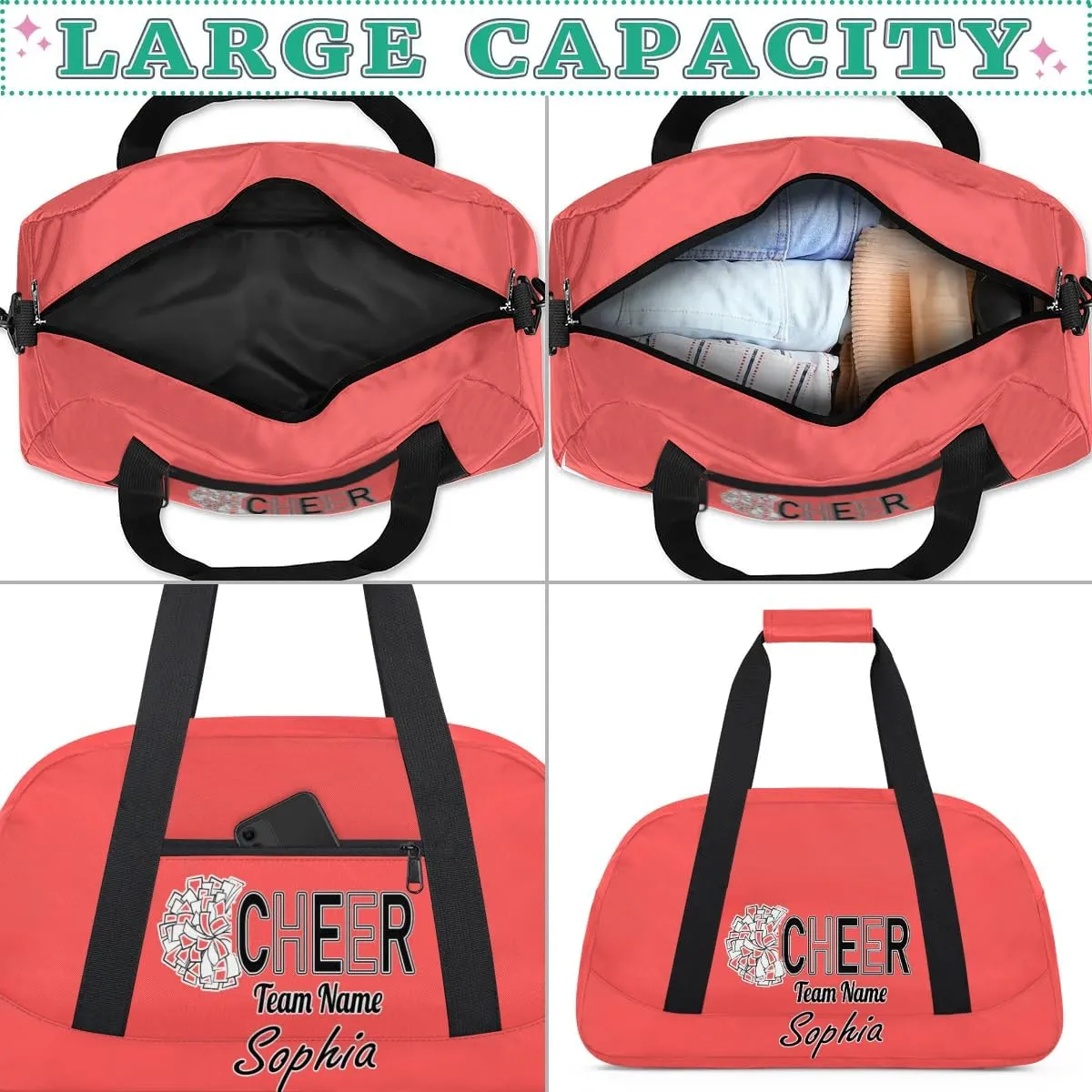 Custom Cheer Duffel Bags, Personalized Dance Sport Bag with Name, Customized Gymnastics Cheerleader Travel Bag Overnight Weekender Bags, Coral Red Gifts