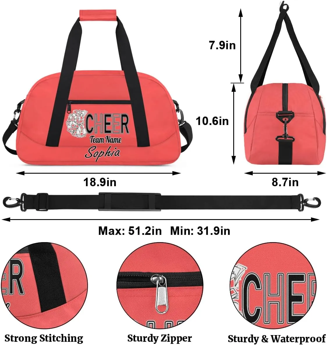 Custom Cheer Duffel Bags, Personalized Dance Sport Bag with Name, Customized Gymnastics Cheerleader Travel Bag Overnight Weekender Bags, Coral Red Gifts
