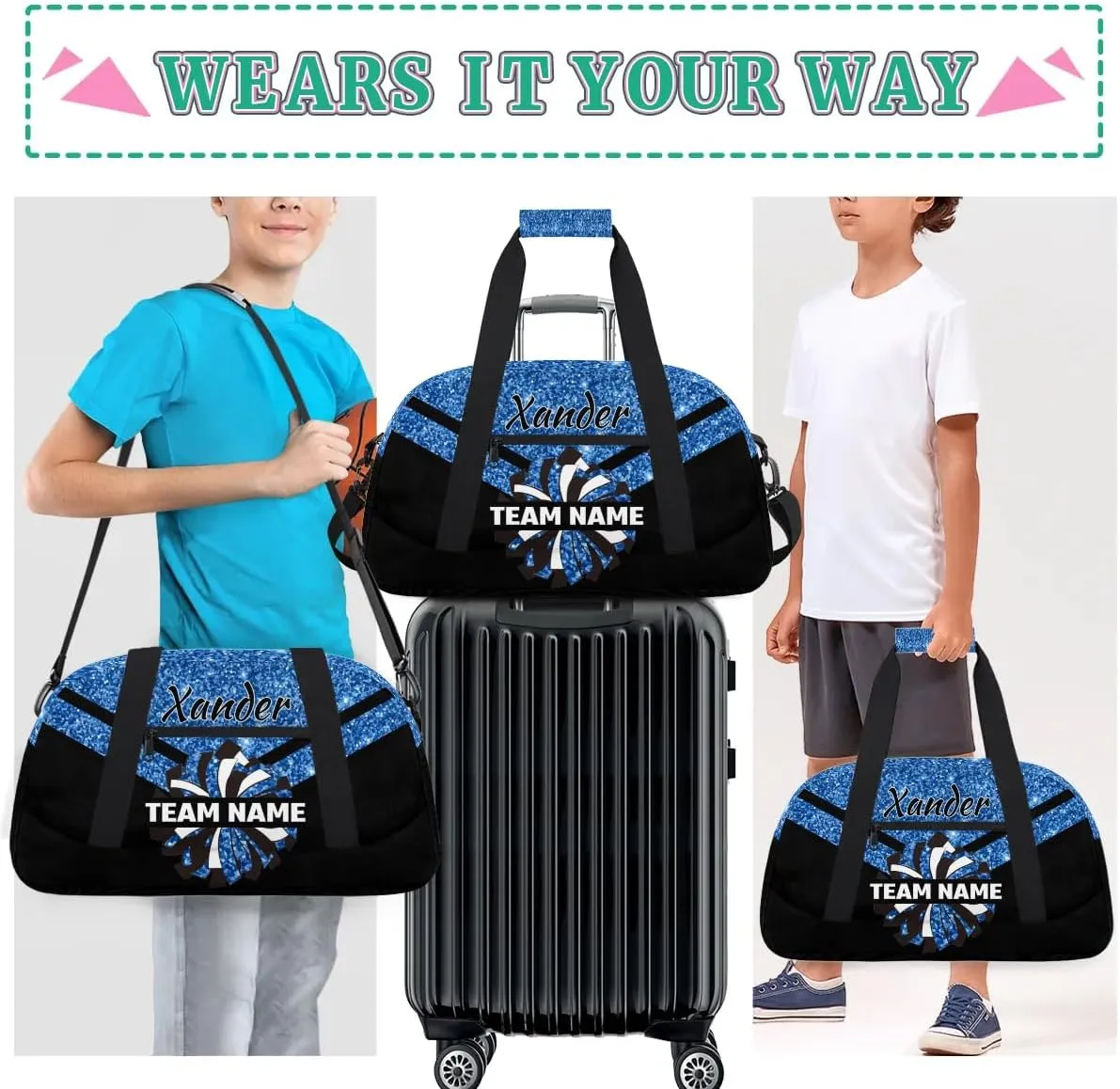 Custom Cheer Sport Bag Gym Duffel Bags Personalized Cheerleadr Bag with Team Name, Customize Travel Duffle Bags, Overnight Weekender Bag Cheerleading Gifts, Sequin Blue