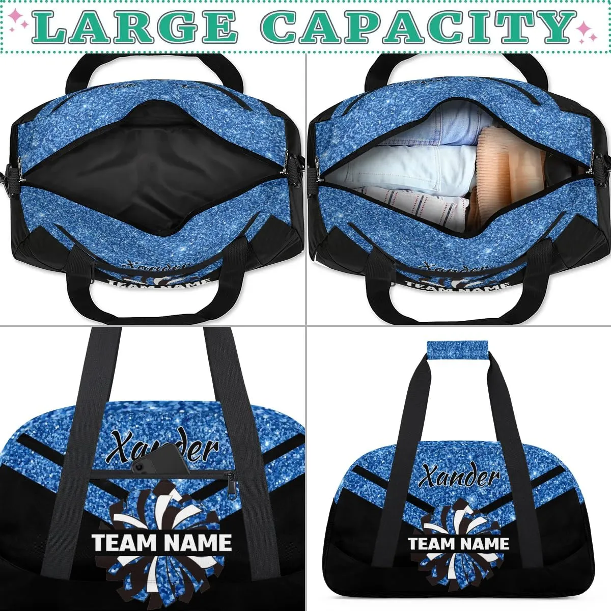 Custom Cheer Sport Bag Gym Duffel Bags Personalized Cheerleadr Bag with Team Name, Customize Travel Duffle Bags, Overnight Weekender Bag Cheerleading Gifts, Sequin Blue