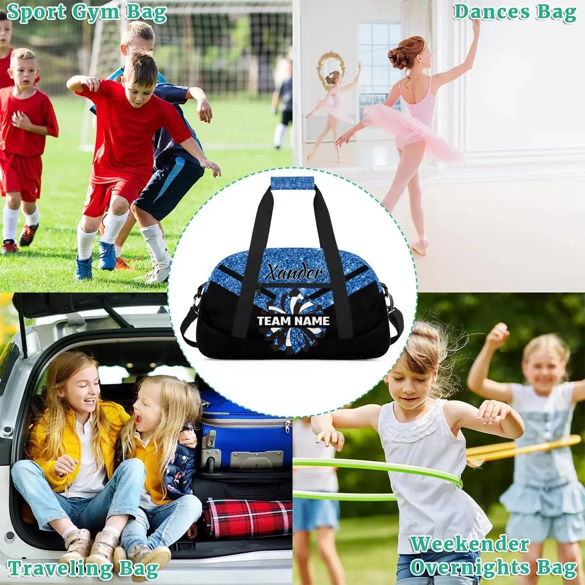 Custom Cheer Sport Bag Gym Duffel Bags Personalized Cheerleadr Bag with Team Name, Customize Travel Duffle Bags, Overnight Weekender Bag Cheerleading Gifts, Sequin Blue