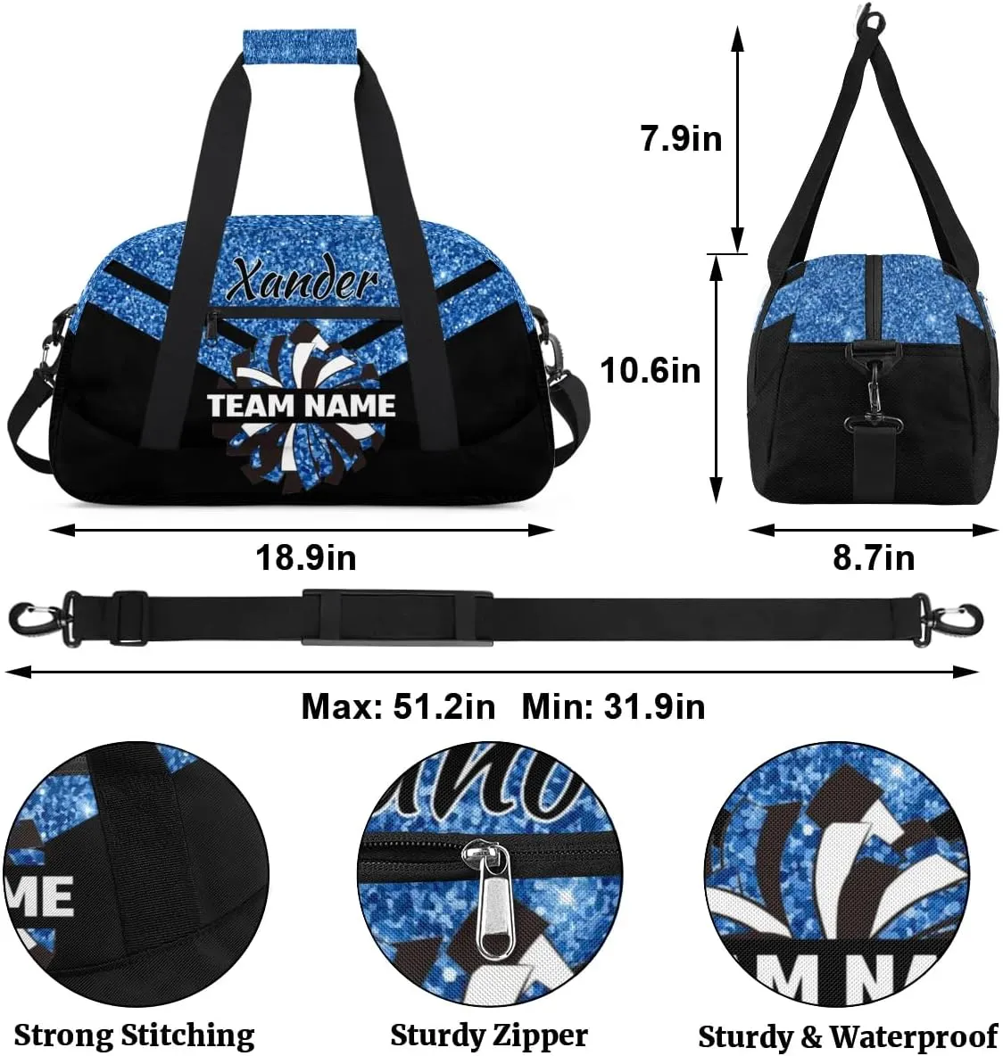 Custom Cheer Sport Bag Gym Duffel Bags Personalized Cheerleadr Bag with Team Name, Customize Travel Duffle Bags, Overnight Weekender Bag Cheerleading Gifts, Sequin Blue