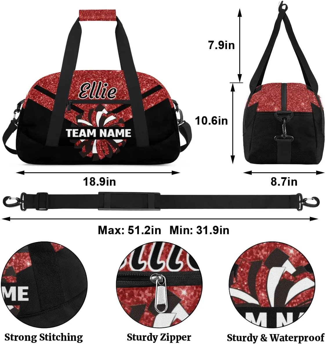 Custom Cheer Sport Bag Gym Duffel Bags Personalized Cheerleadr Bag with Team Name, Customize Travel Duffle Bags, Overnight Weekender Bag Cheerleading Gifts, Sequin Red