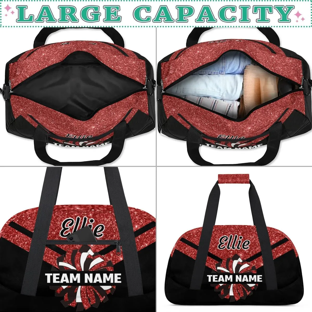 Custom Cheer Sport Bag Gym Duffel Bags Personalized Cheerleadr Bag with Team Name, Customize Travel Duffle Bags, Overnight Weekender Bag Cheerleading Gifts, Sequin Red