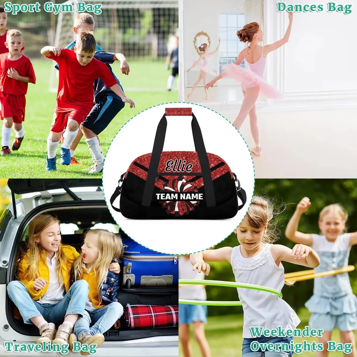 Custom Cheer Sport Bag Gym Duffel Bags Personalized Cheerleadr Bag with Team Name, Customize Travel Duffle Bags, Overnight Weekender Bag Cheerleading Gifts, Sequin Red