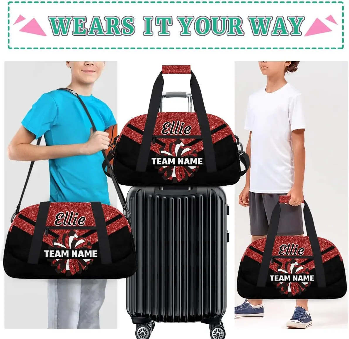 Custom Cheer Sport Bag Gym Duffel Bags Personalized Cheerleadr Bag with Team Name, Customize Travel Duffle Bags, Overnight Weekender Bag Cheerleading Gifts, Sequin Red