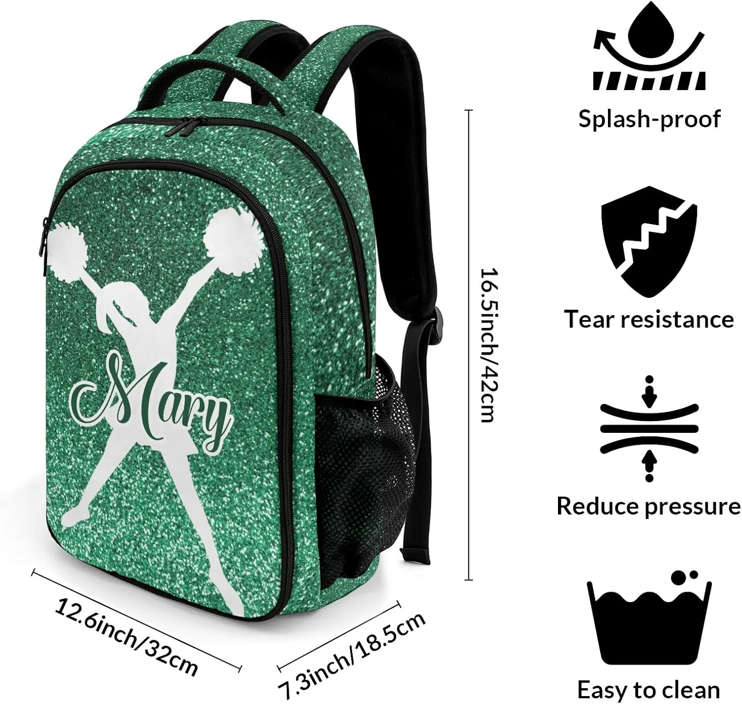 Custom Cheerleader Backpack Custom Multifunctional Waterproof Laptop Bag for Travel Gift Green Bling Print Simple Cheer
