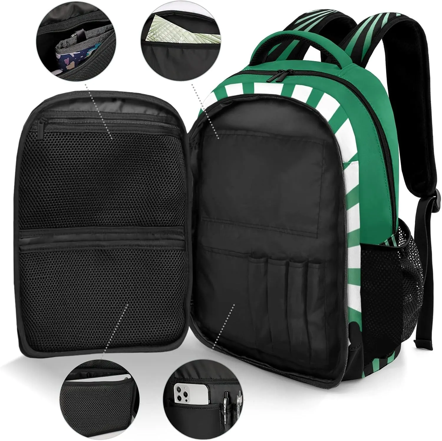 Custom Cheerleaders Backpack Name Casual Bag Daypack for Women Men Camping Hiking Green Shine Green Stripes