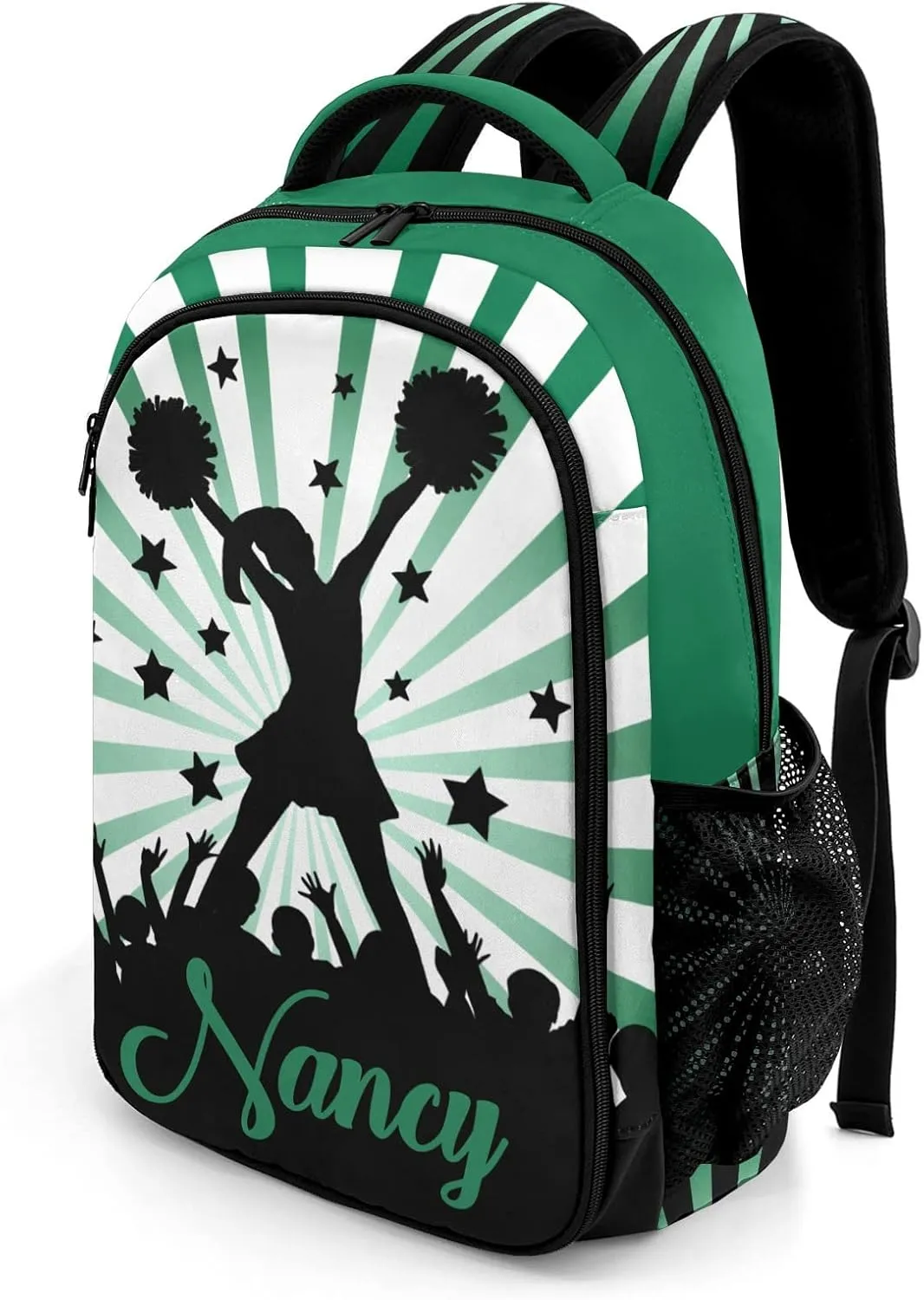 Custom Cheerleaders Backpack Name Casual Bag Daypack for Women Men Camping Hiking Green Shine Green Stripes