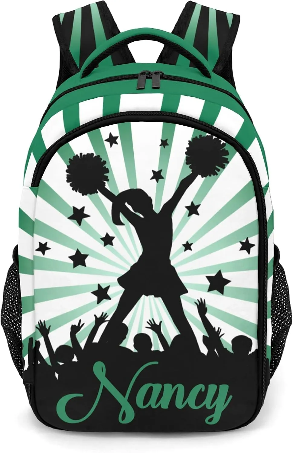 Custom Cheerleaders Backpack Name Casual Bag Daypack for Women Men Camping Hiking Green Shine Green Stripes