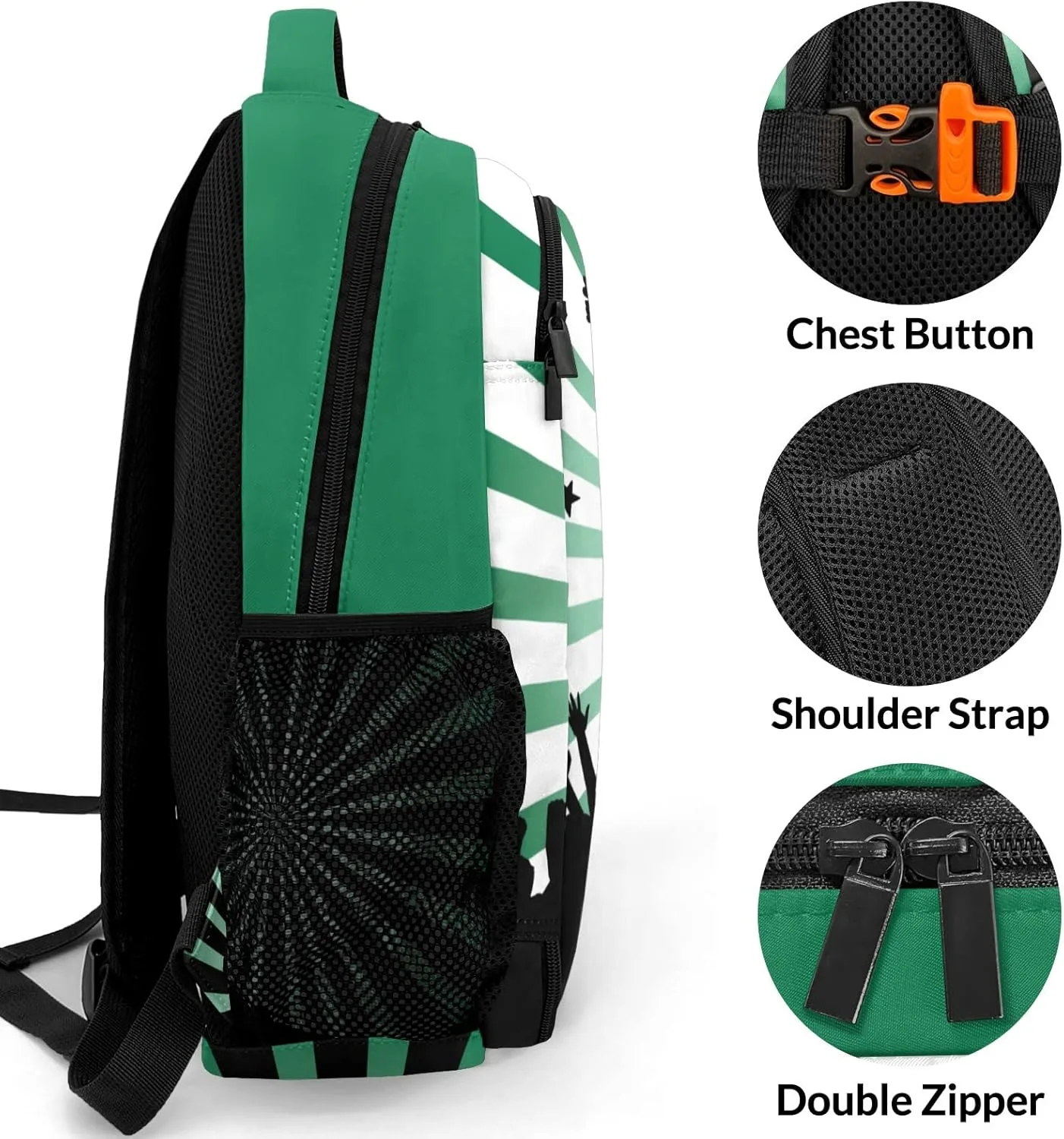 Custom Cheerleaders Backpack Name Casual Bag Daypack for Women Men Camping Hiking Green Shine Green Stripes