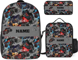 Custom Colorful Cartoon Car Backpack Personalized 3 Piece Set Backpack with Your Name Text School Bag Customized Bookbag with Lunch Box and Pencil Case Set for Boys Girls Student