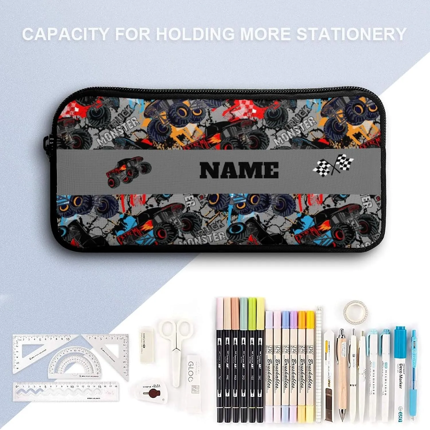 Custom Colorful Cartoon Car Backpack Personalized 3 Piece Set Backpack with Your Name Text School Bag Customized Bookbag with Lunch Box and Pencil Case Set for Boys Girls Student