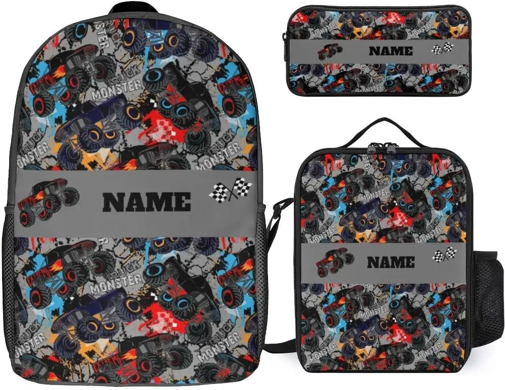 Custom Colorful Cartoon Car Backpack Personalized 3 Piece Set Backpack with Your Name Text School Bag Customized Bookbag with Lunch Box and Pencil Case Set for Boys Girls Student